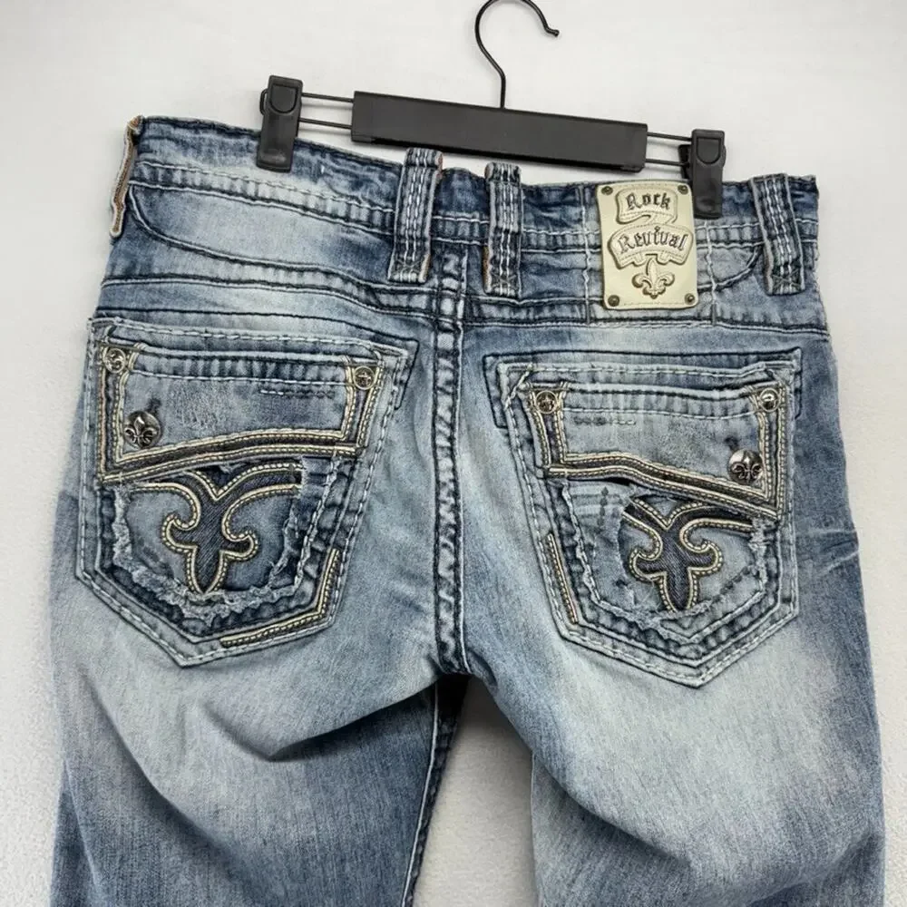 Rock Revival Jeans men's 34 Blue Zed Straight Whisker Distressed Faded Whisker